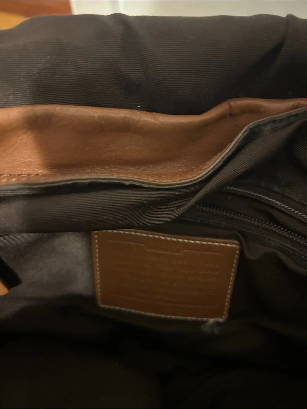 Coach Brown Leather Messenger Bag with Navy-and-Cream Web Strap